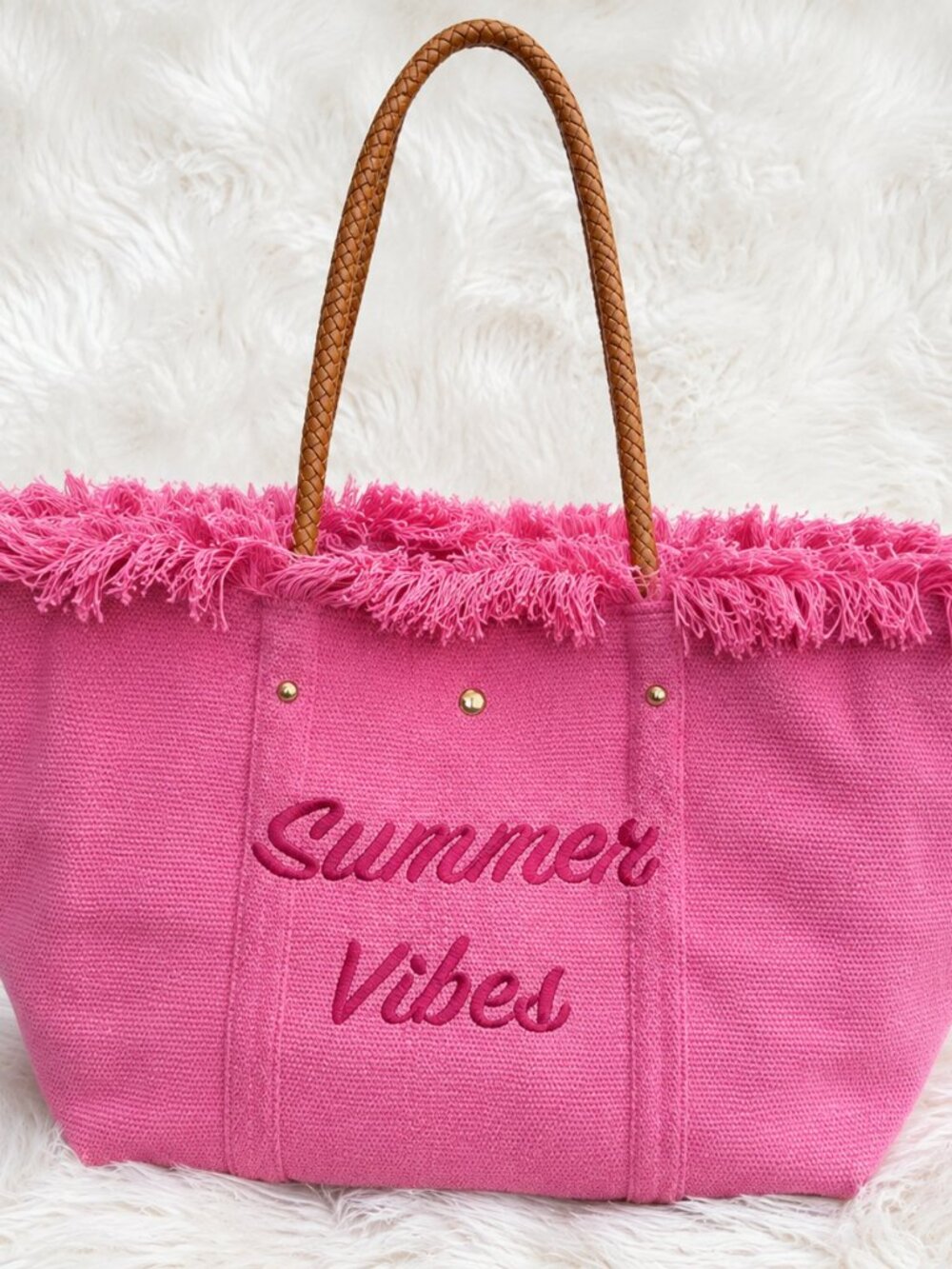 Pink “Summer Vibes” Fringe Woven Tote Bag with Braided Handles